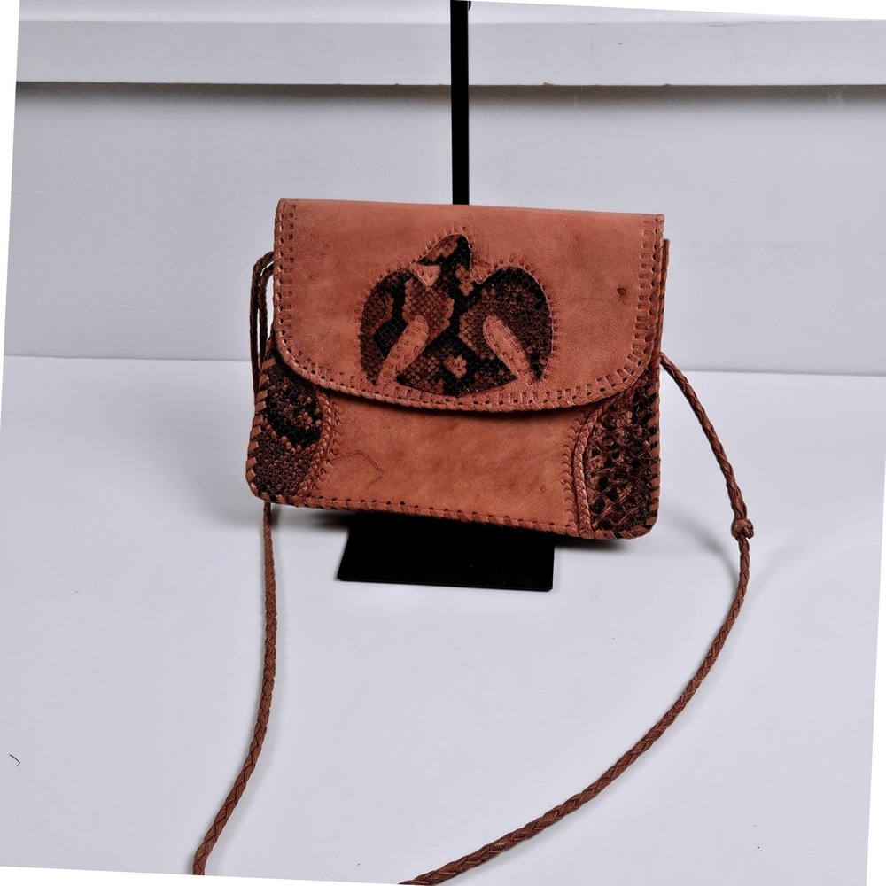 Vintage Artisan Leather Eagle Crossbody Bag Whipstitch Snakeskin Inlay Tan Brown